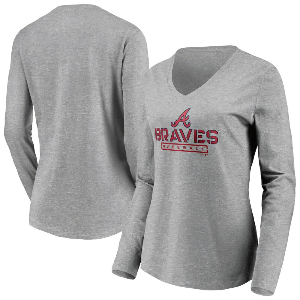 Atlanta Braves Women's Evanston Stencil Long Sleeve V-Neck T-Shirt Sale