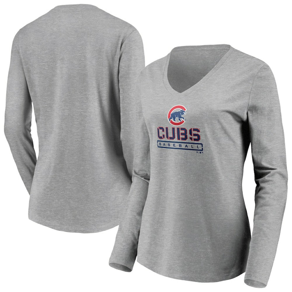 Chicago Cubs Women's Evanston Stencil Long Sleeve V-Neck T-Shirt Outlet