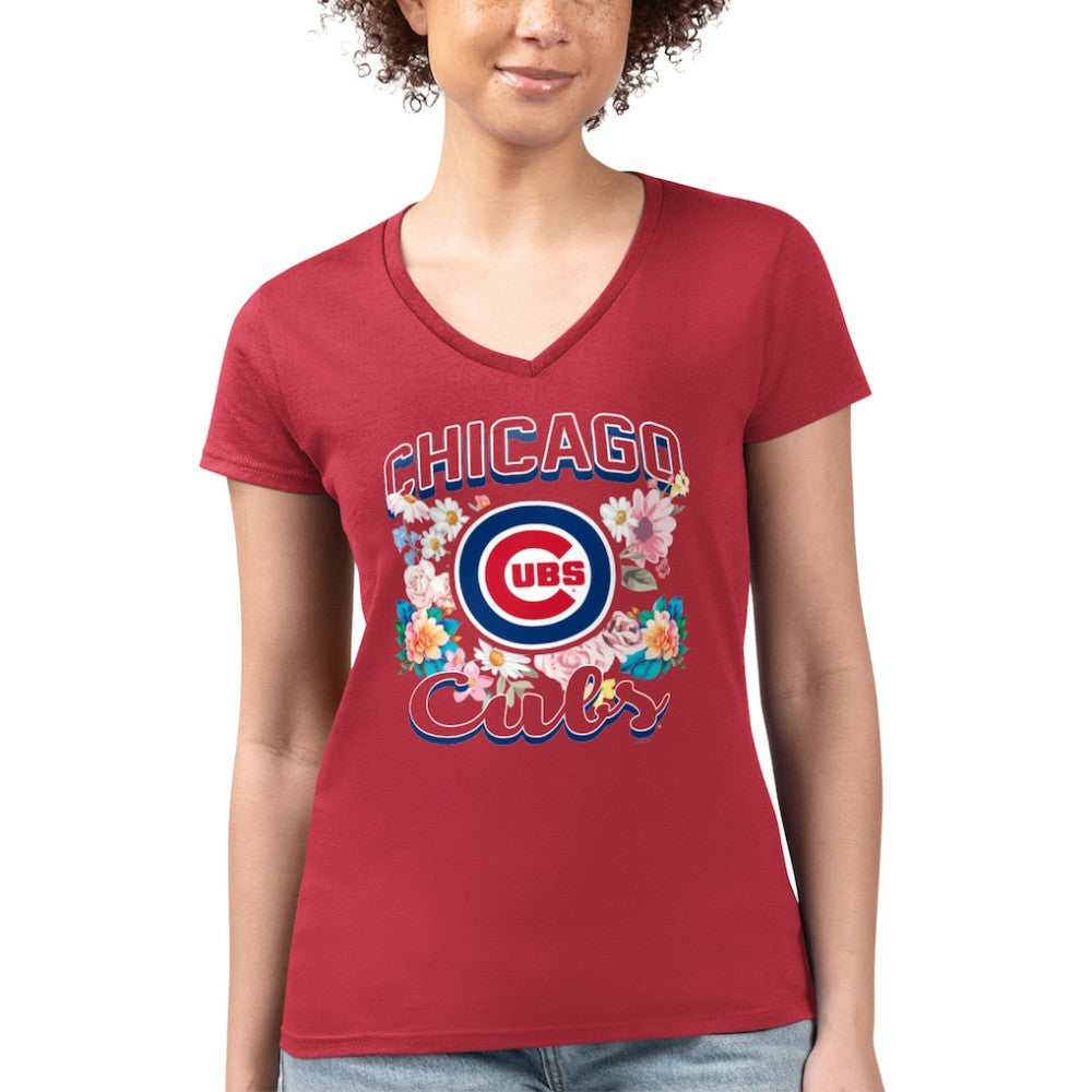 Chicago Cubs G-III 4Her by Carl Banks Women's Super-Slim Fit Lightweight Flowers Graphic V-Neck T-Shirt Outlet