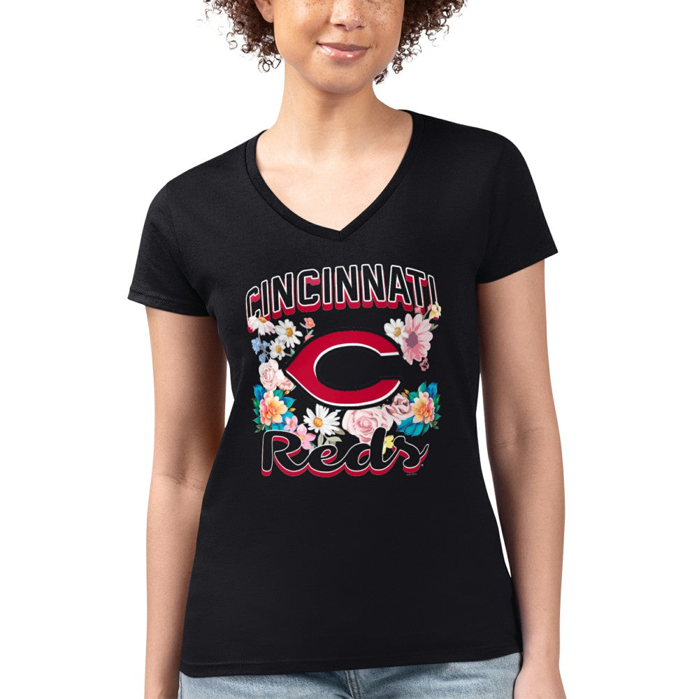 Cincinnati Reds G-III 4Her by Carl Banks Women's Super-Slim Fit Lightweight Flowers Graphic V-Neck T-Shirt Outlet