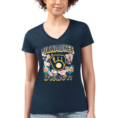 Milwaukee Brewers G-III 4Her by Carl Banks Women's Super-Slim Fit Lightweight Flowers Graphic V-Neck T-Shirt for sale