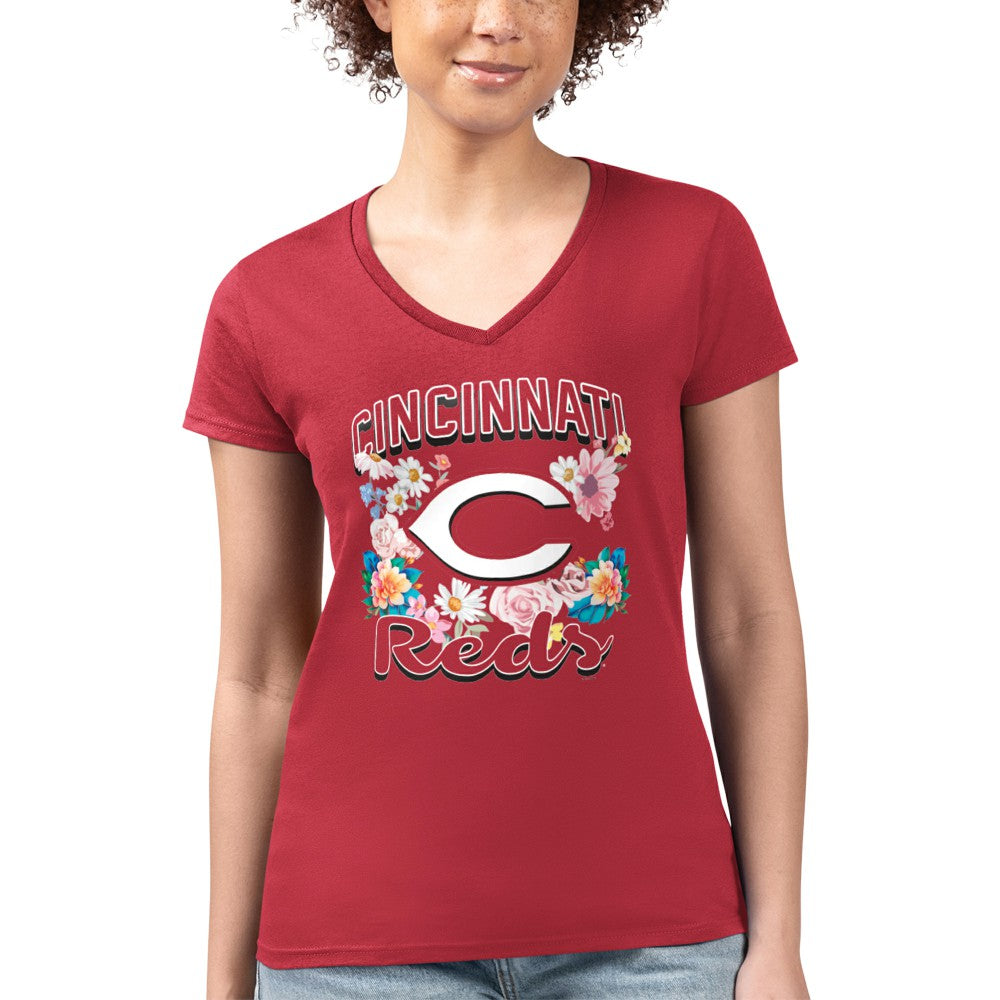 Cincinnati Reds G-III 4Her by Carl Banks Women's Super-Slim Fit Lightweight Flowers Graphic V-Neck T-Shirt Outlet