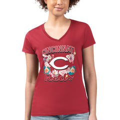 Cincinnati Reds G-III 4Her by Carl Banks Women's Super-Slim Fit Lightweight Flowers Graphic V-Neck T-Shirt Outlet