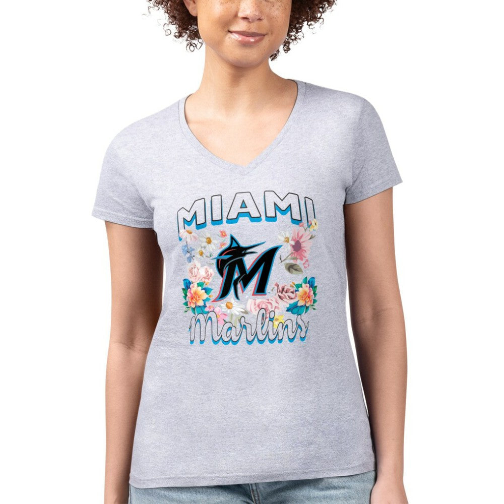 Miami Marlins G-III 4Her by Carl Banks Women's Super-Slim Fit Lightweight Flowers Graphic V-Neck T-Shirt Online