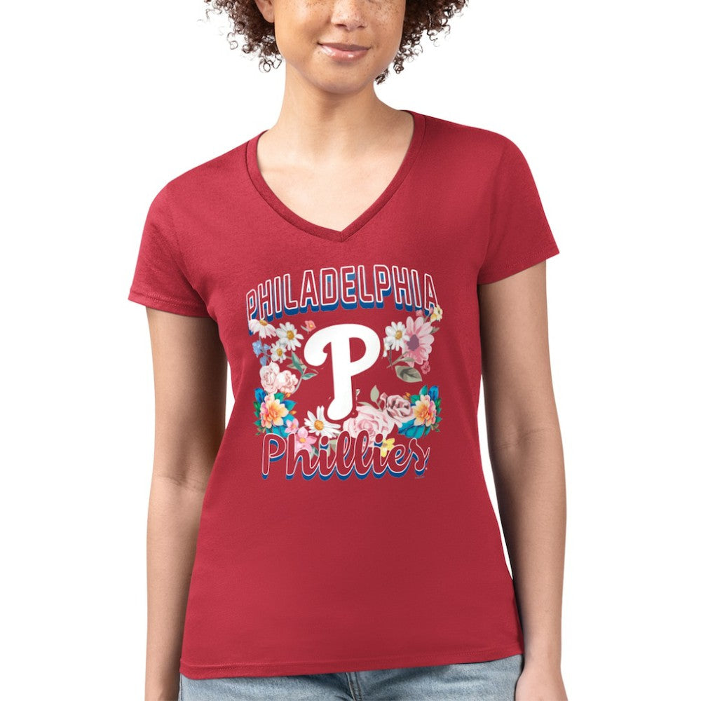 Philadelphia Phillies G-III 4Her by Carl Banks Women's Super-Slim Fit Lightweight Flowers Graphic V-Neck T-Shirt Outlet