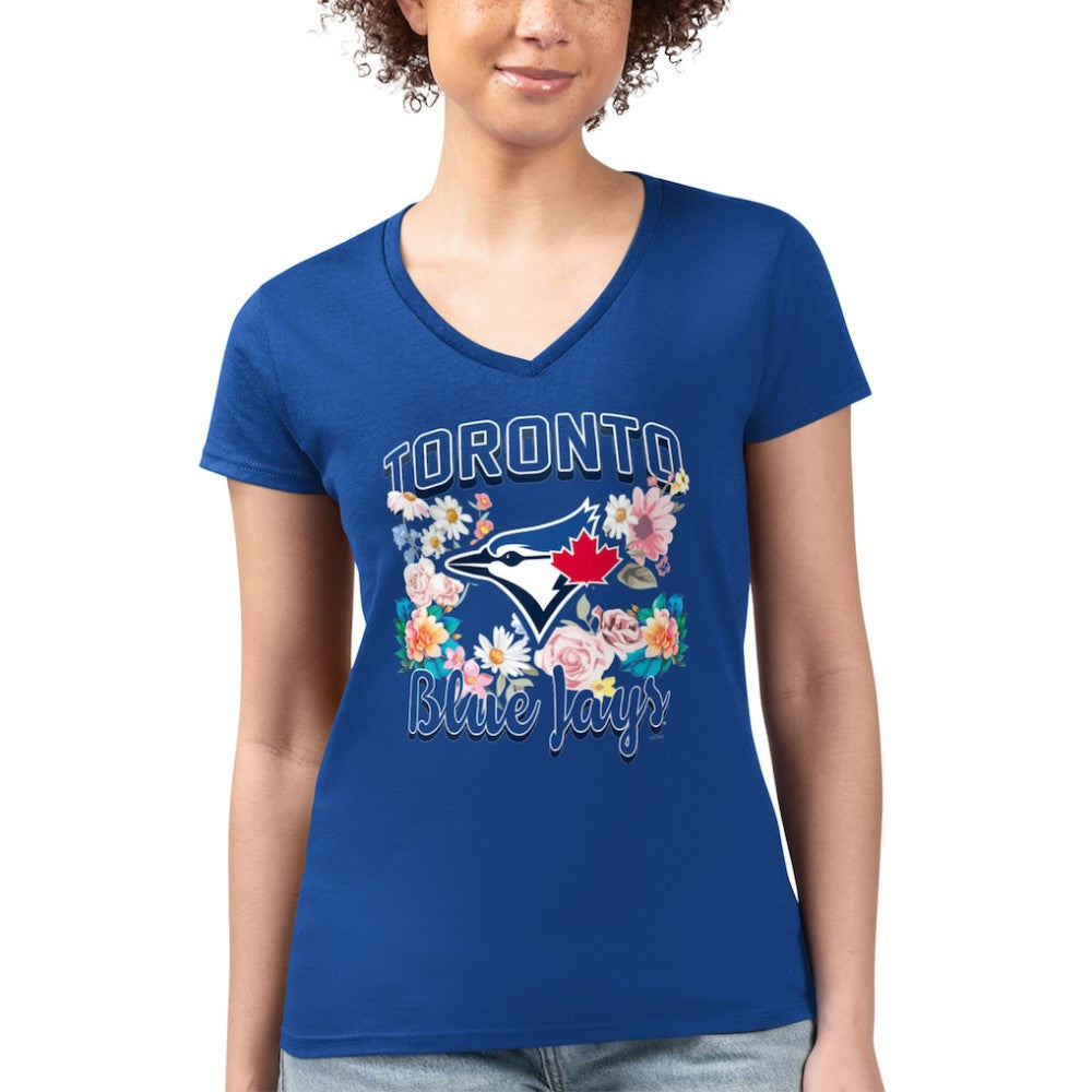 Toronto Blue Jays G-III 4Her by Carl Banks Women's Super-Slim Fit Lightweight Flowers Graphic V-Neck T-Shirt Sale