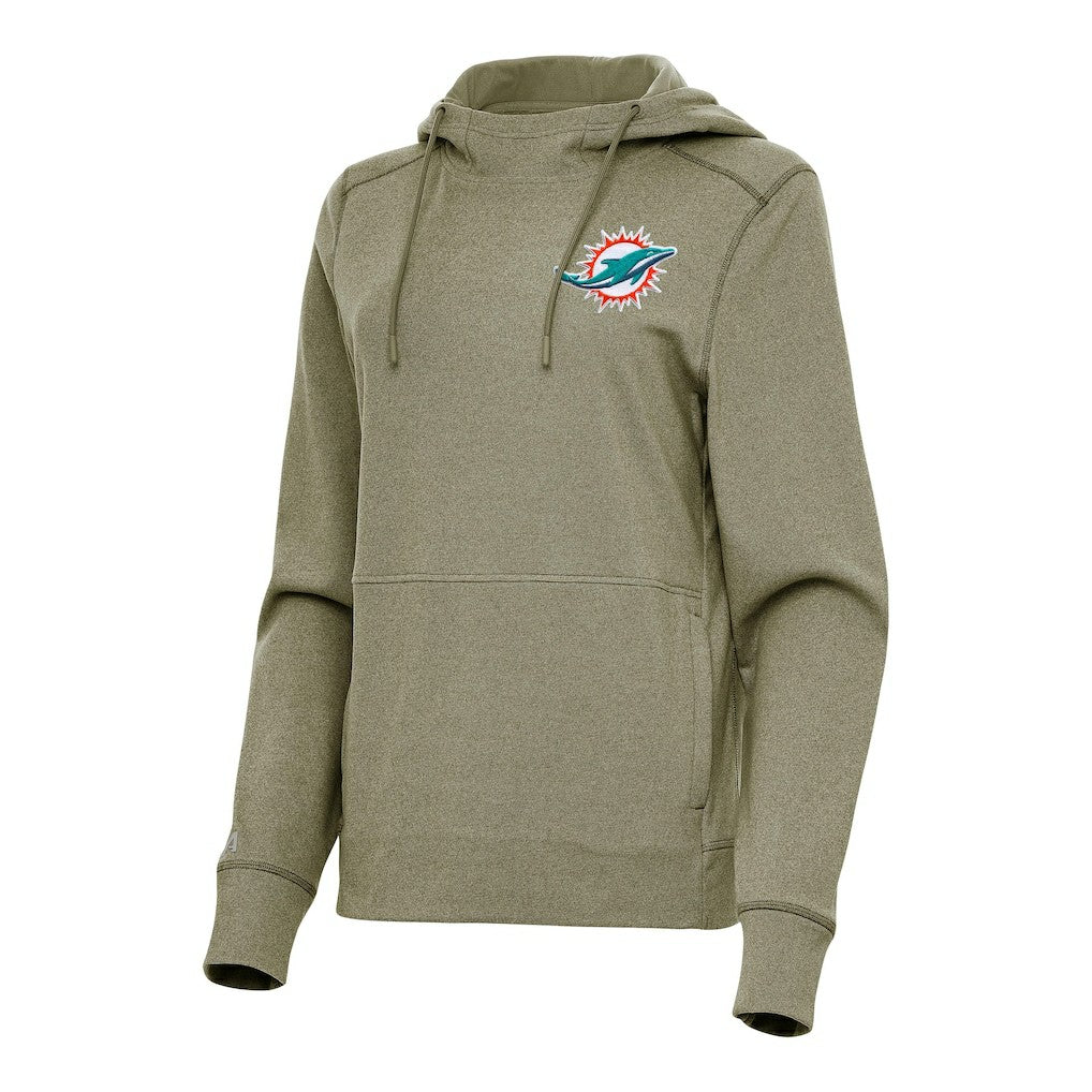 Miami Dolphins Antigua Women's Justice Pullover Hoodie - Heather Olive - NFL