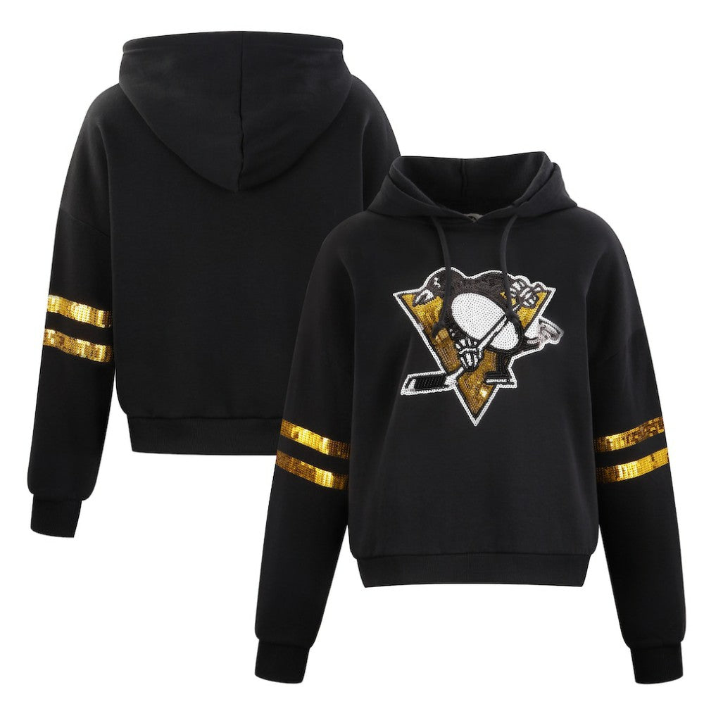 Pittsburgh Penguins Cuce Women's Sequin Cropped Pullover Hoodie - Black | NHL on sale