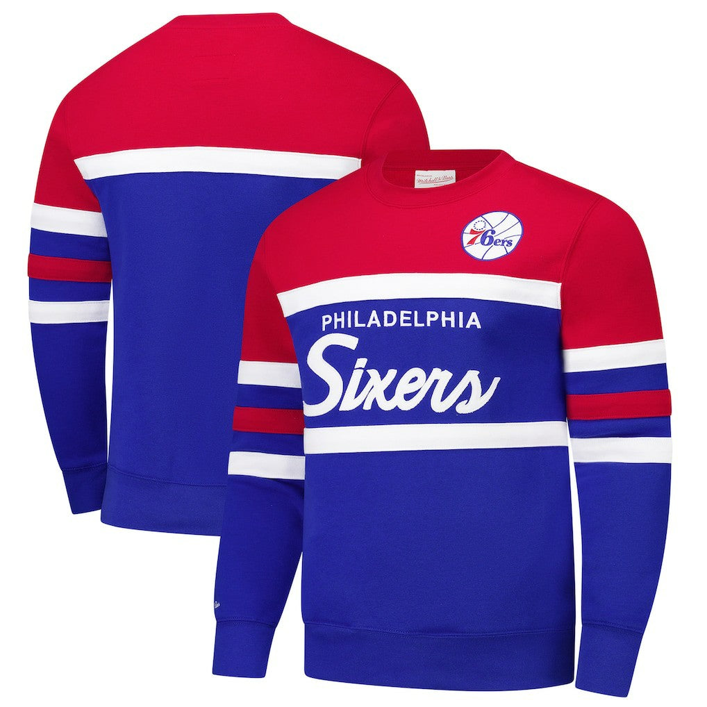 Mitchell & Ness Philadelphia 76ers Hardwood Classics Vintage Logo Head Coach Pullover Sweatshirt Royal/Red