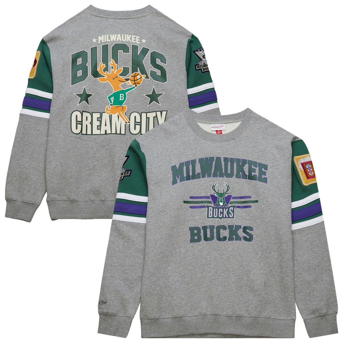 Mitchell & Ness Milwaukee Bucks Hardwood Classics All Over 4.0 Pullover Sweatshirt Heather Gray