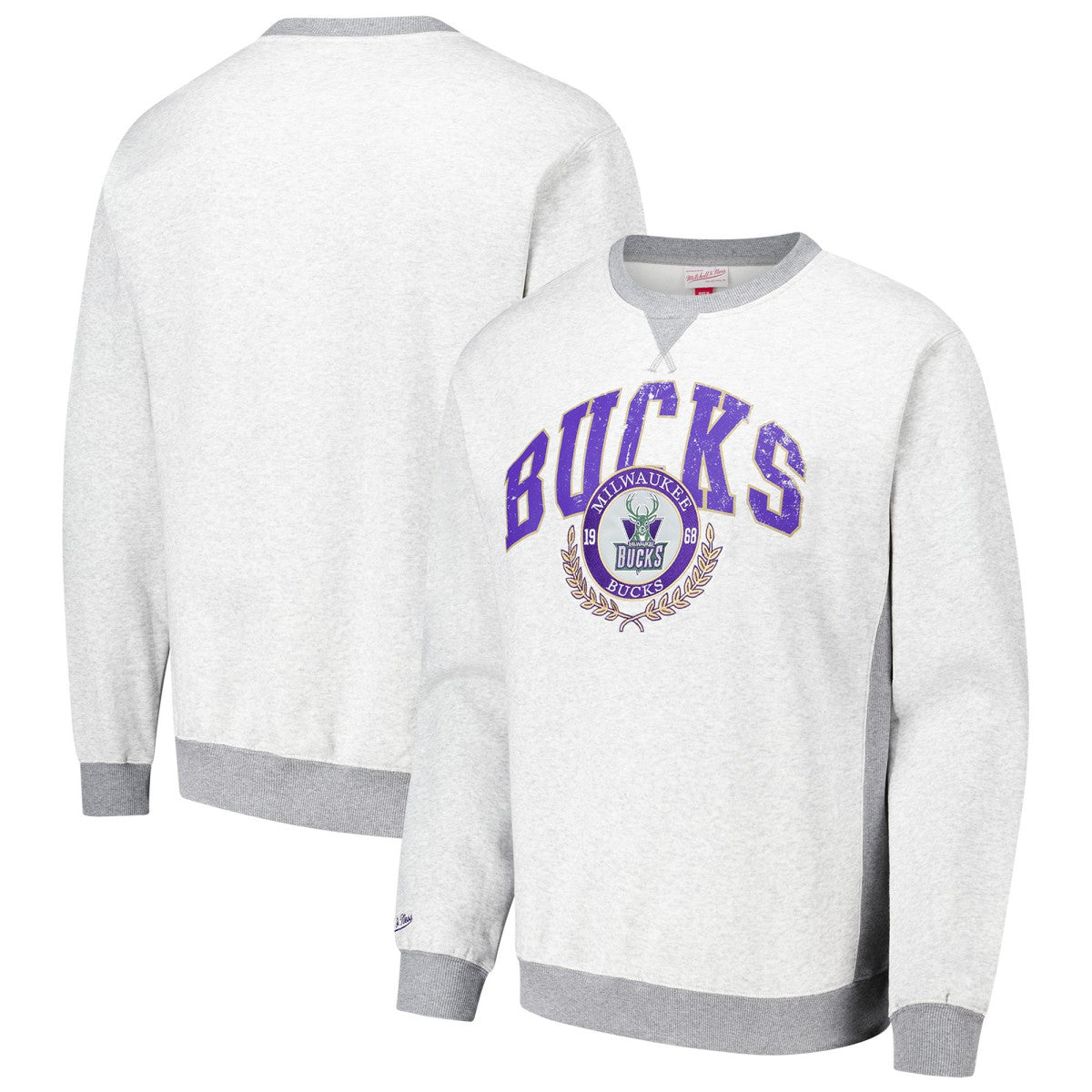 Mitchell & Ness Milwaukee Bucks Vintage Logo Pullover Sweatshirt Heather Gray