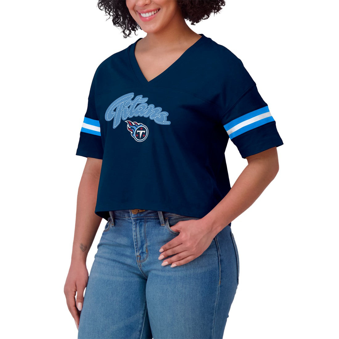 Tennessee Titans WEAR by Erin Andrews Women's Plus Size Color Block Boxy T-Shirt - Navy/White - NFL