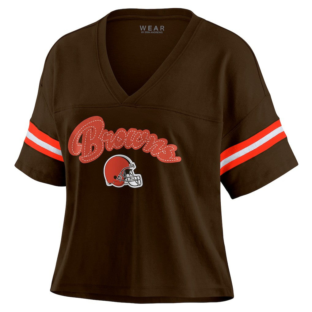 Cleveland Browns WEAR by Erin Andrews Women's Plus Size Color Block Boxy T-Shirt - Brown/White - NFL
