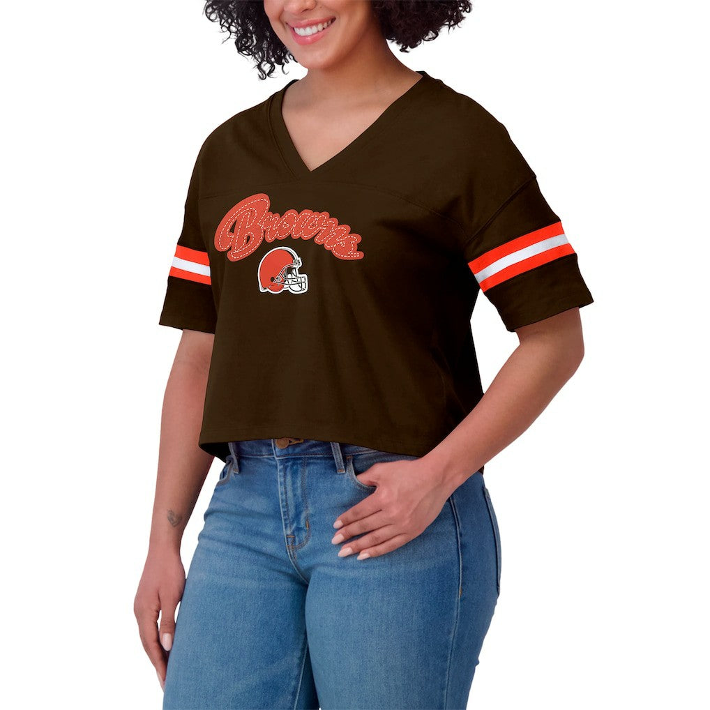Cleveland Browns WEAR by Erin Andrews Women's Plus Size Color Block Boxy T-Shirt - Brown/White - NFL