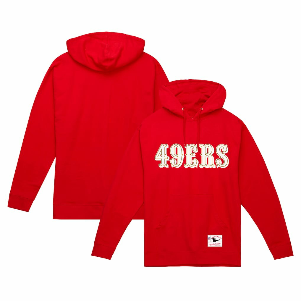 San Francisco 49ers Team Wordmark Vintage Pullover Hoodie - Scarlet - Mitchell & Ness