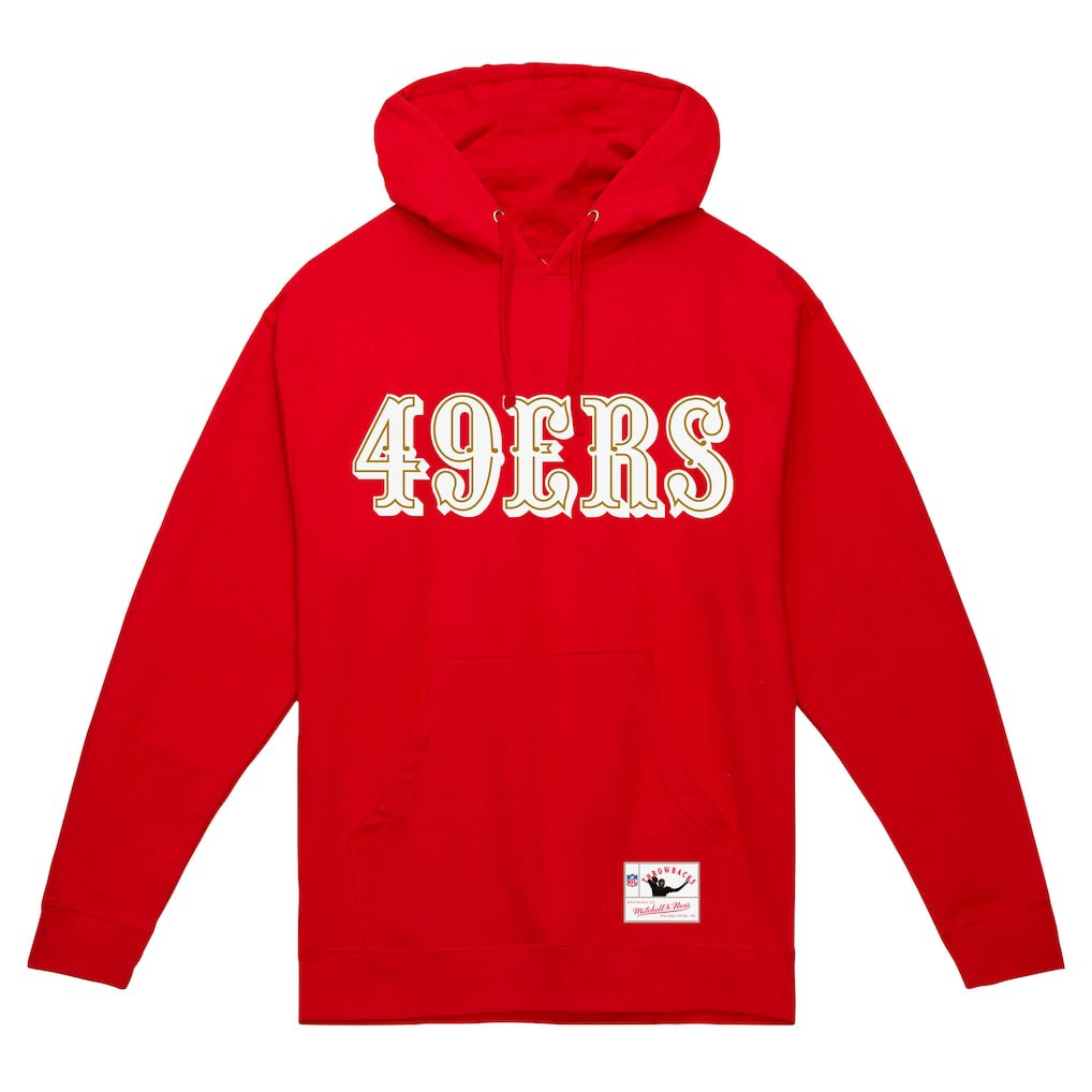 San Francisco 49ers Team Wordmark Vintage Pullover Hoodie - Scarlet - Mitchell & Ness