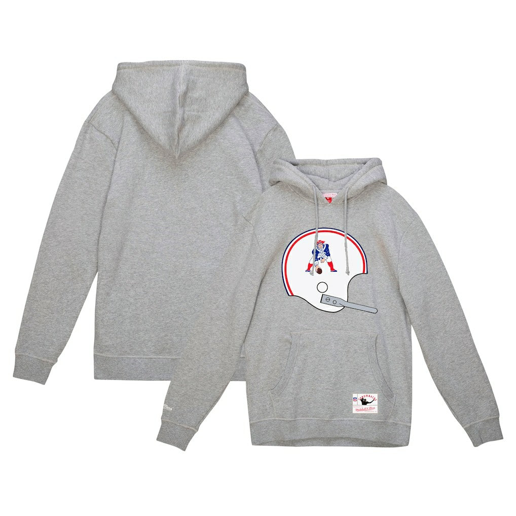 New England Patriots Helmet Logo Vintage Pullover Hoodie - Heather Gray - Mitchell & Ness
