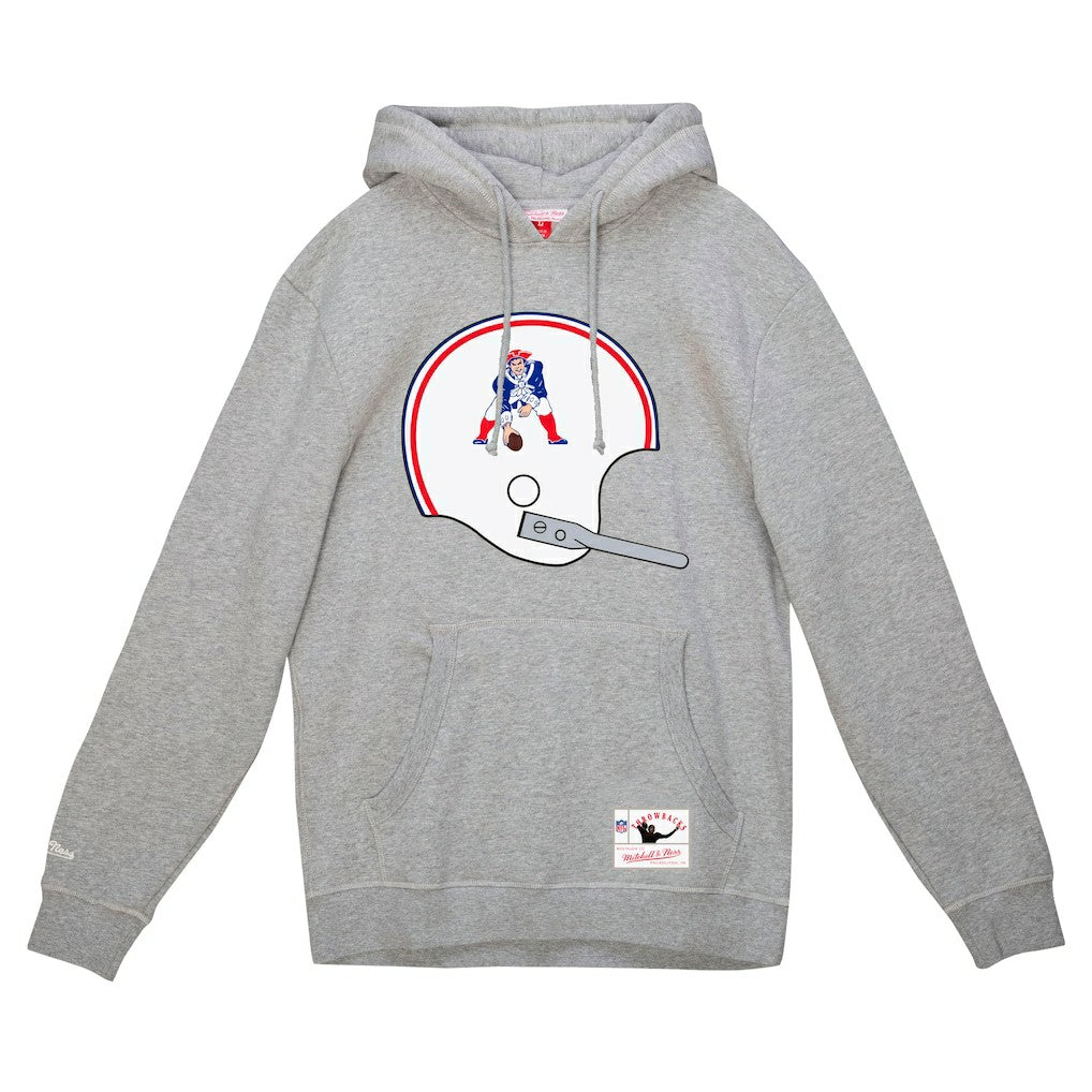 New England Patriots Helmet Logo Vintage Pullover Hoodie - Heather Gray - Mitchell & Ness