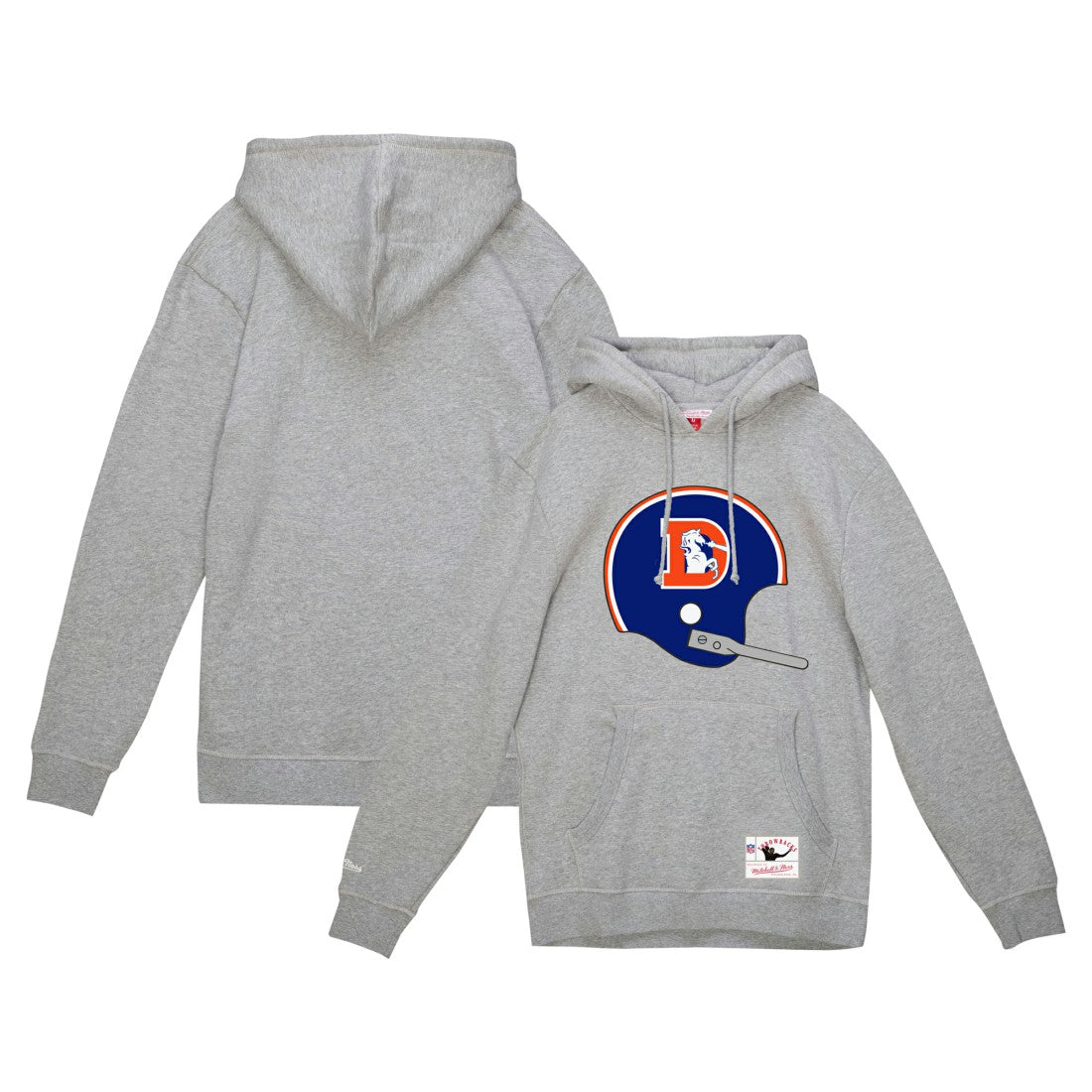 Denver Broncos Helmet Logo Vintage Pullover Hoodie - Heather Gray - Mitchell & Ness