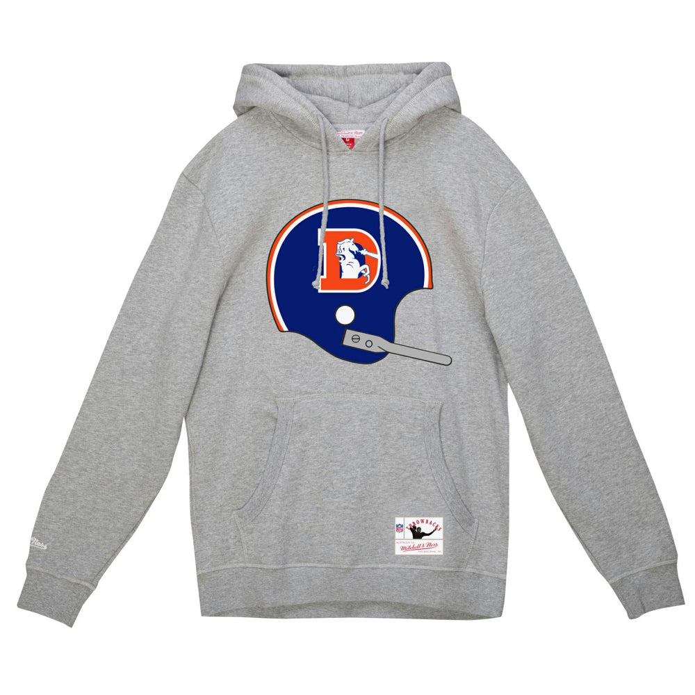 Denver Broncos Helmet Logo Vintage Pullover Hoodie - Heather Gray - Mitchell & Ness