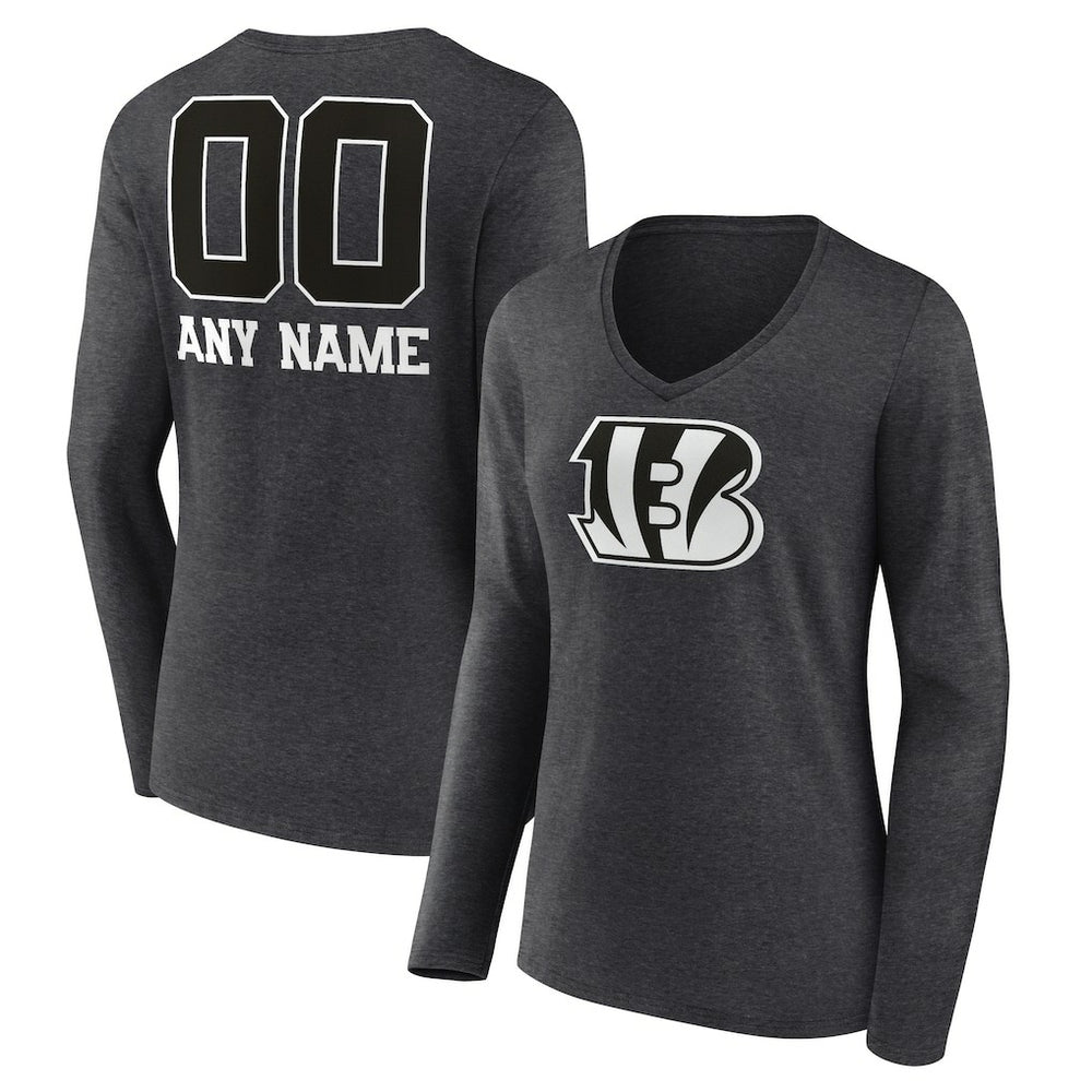 Cincinnati Bengals Women's Personalized Name & Number Monochrome V-neck T-Shirt - Charcoal - NFL