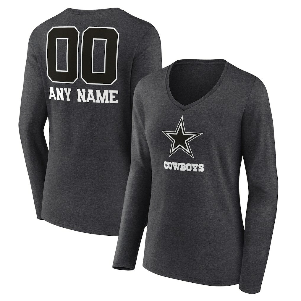 Dallas Cowboys Women's Personalized Name & Number Monochrome V-neck T-Shirt - Charcoal - NFL