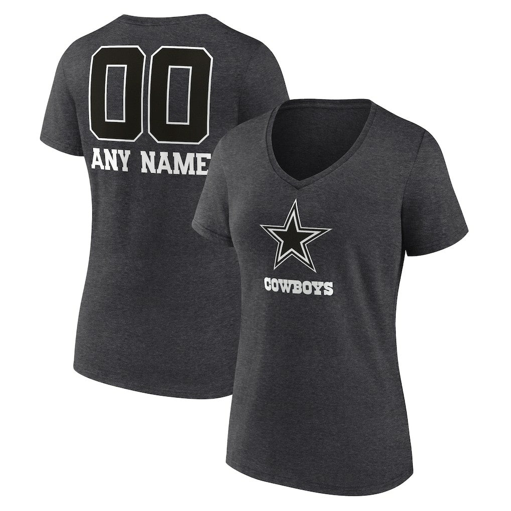 Dallas Cowboys Women's Personalized Name & Number Monochrome V-Neck Long Sleeve T-Shirt - Charcoal - NFL