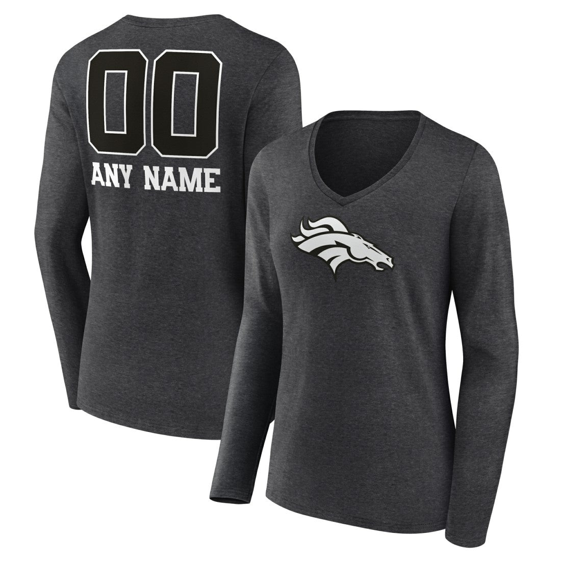 Denver Broncos Women's Personalized Name & Number Monochrome V-neck T-Shirt - Charcoal - NFL