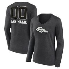Denver Broncos Women's Personalized Name & Number Monochrome V-neck T-Shirt - Charcoal - NFL