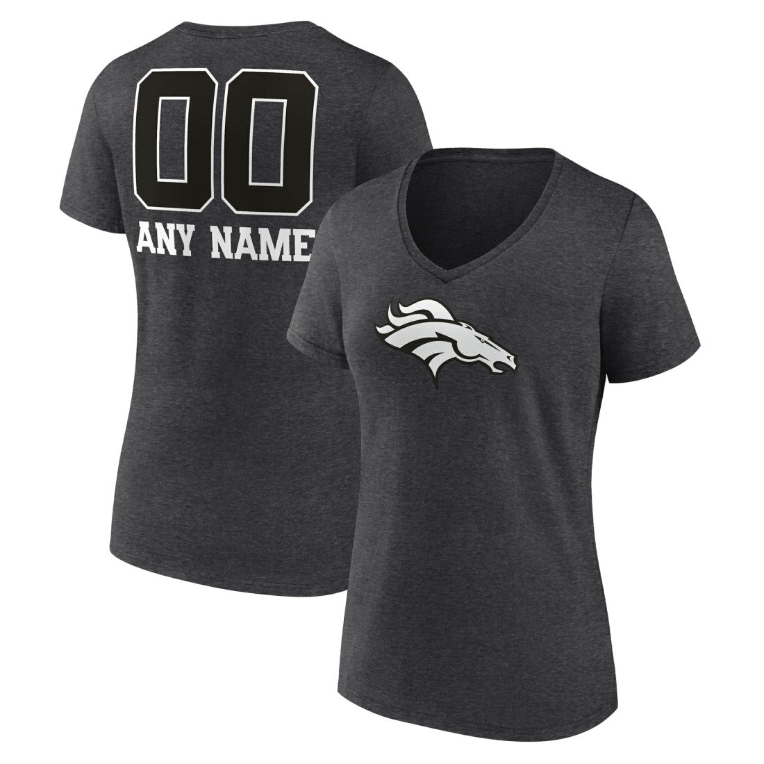 Denver Broncos Women's Personalized Name & Number Monochrome V-Neck Long Sleeve T-Shirt - Charcoal - NFL