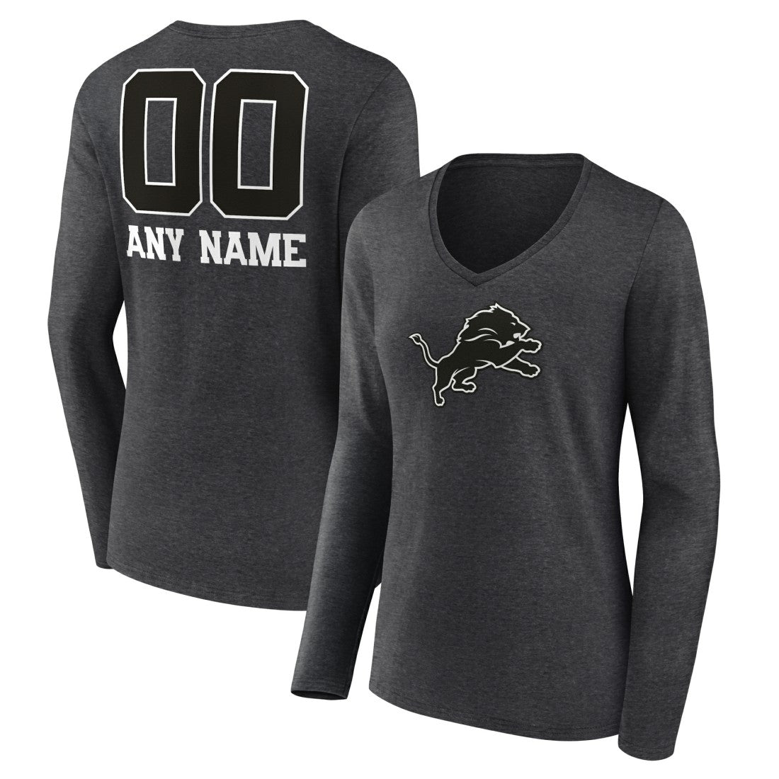 Detroit Lions Women's Personalized Name & Number Monochrome V-neck T-Shirt - Charcoal - NFL