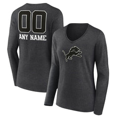 Detroit Lions Women's Personalized Name & Number Monochrome V-neck T-Shirt - Charcoal - NFL