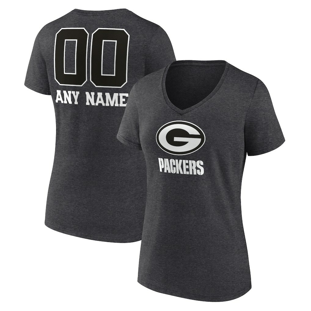 Green Bay Packers Women's Personalized Name & Number Monochrome V-Neck Long Sleeve T-Shirt - Charcoal - NFL