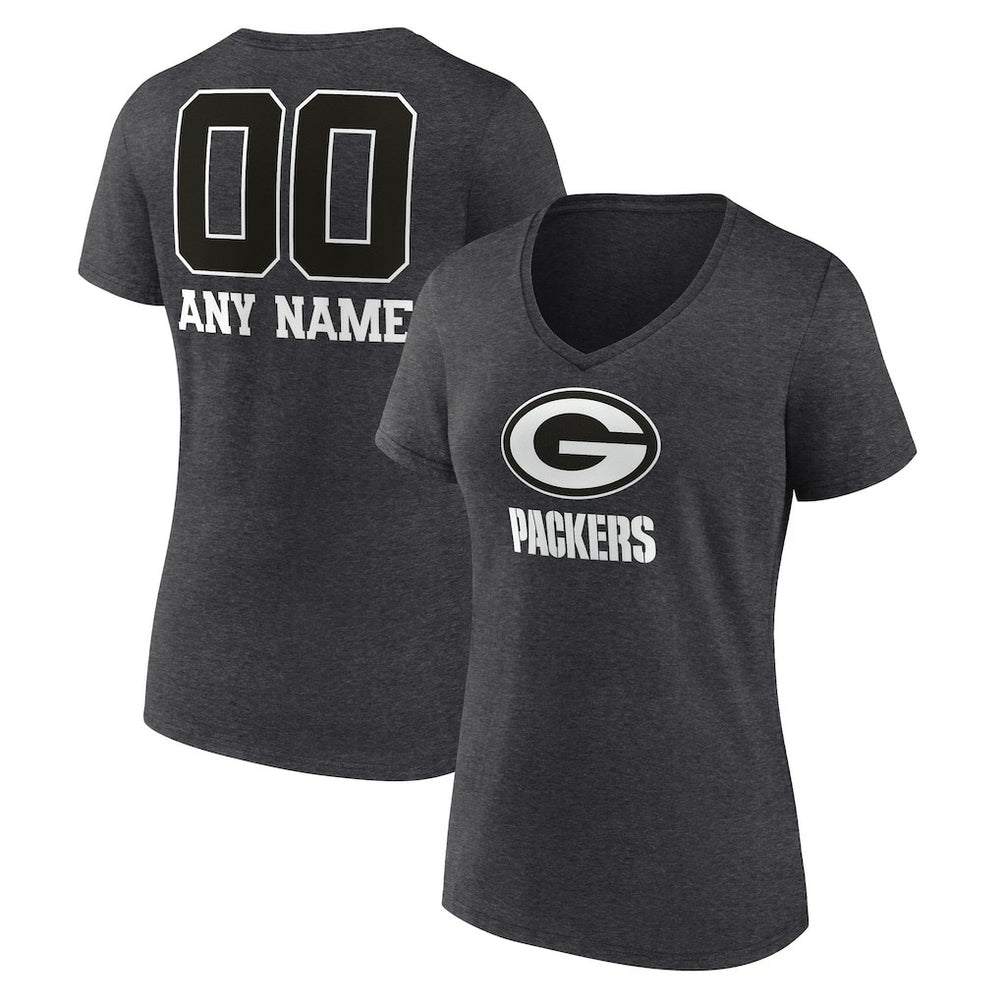 Green Bay Packers Women's Personalized Name & Number Monochrome V-Neck Long Sleeve T-Shirt - Charcoal - NFL