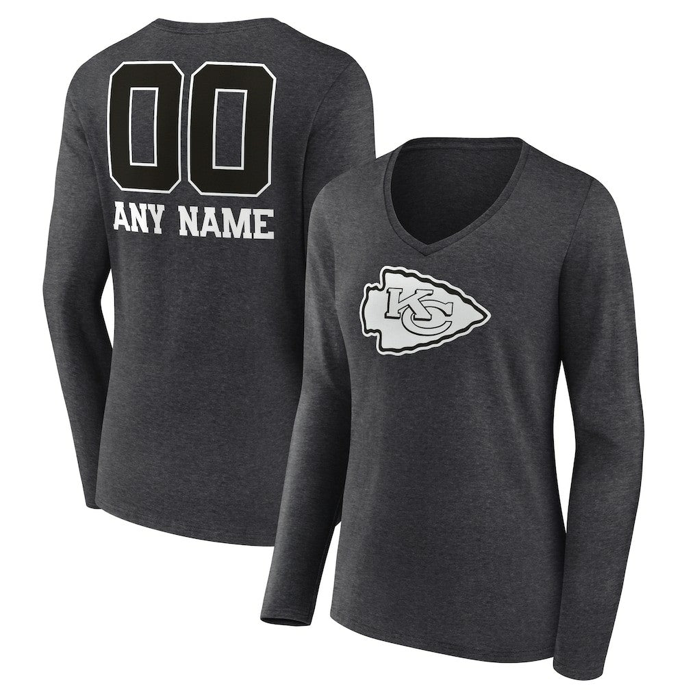 Kansas City Chiefs Women's Personalized Name & Number Monochrome V-neck T-Shirt - Charcoal - NFL
