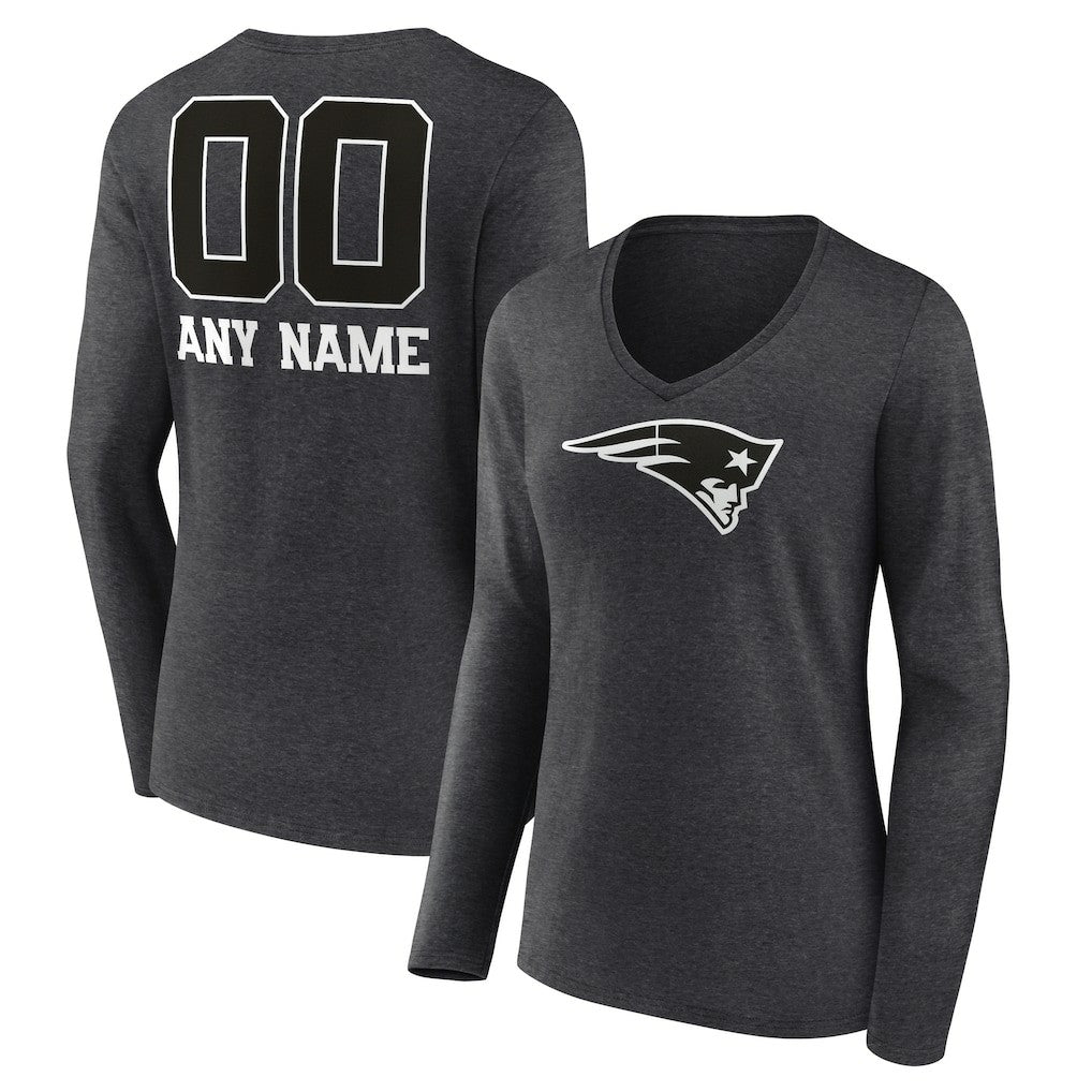 New England Patriots Women's Personalized Name & Number Monochrome V-neck T-Shirt - Charcoal - NFL