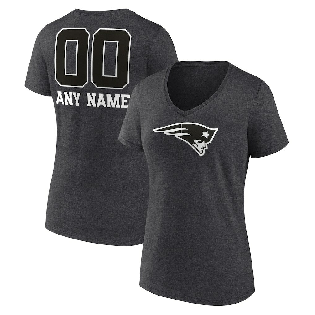 New England Patriots Women's Personalized Name & Number Monochrome V-Neck Long Sleeve T-Shirt - Charcoal - NFL