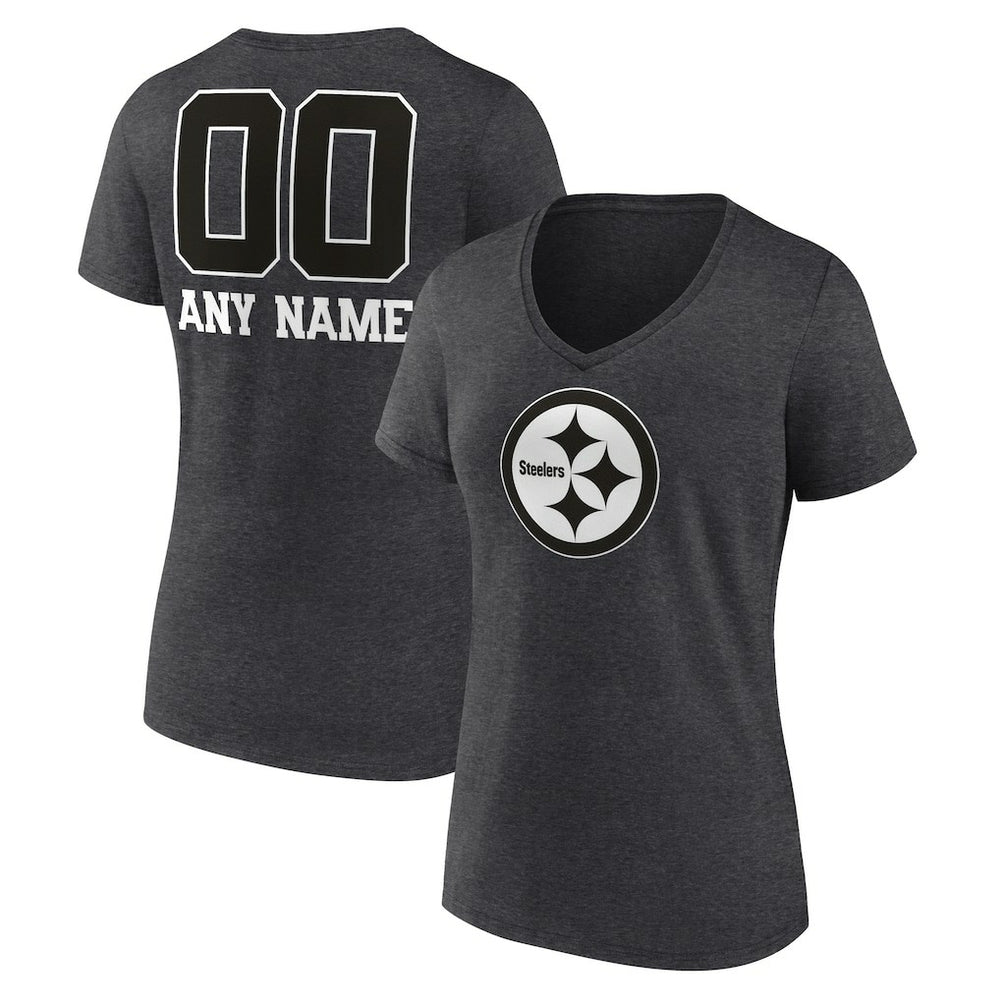 Pittsburgh Steelers Women's Personalized Name & Number Monochrome V-Neck Long Sleeve T-Shirt - Charcoal - NFL