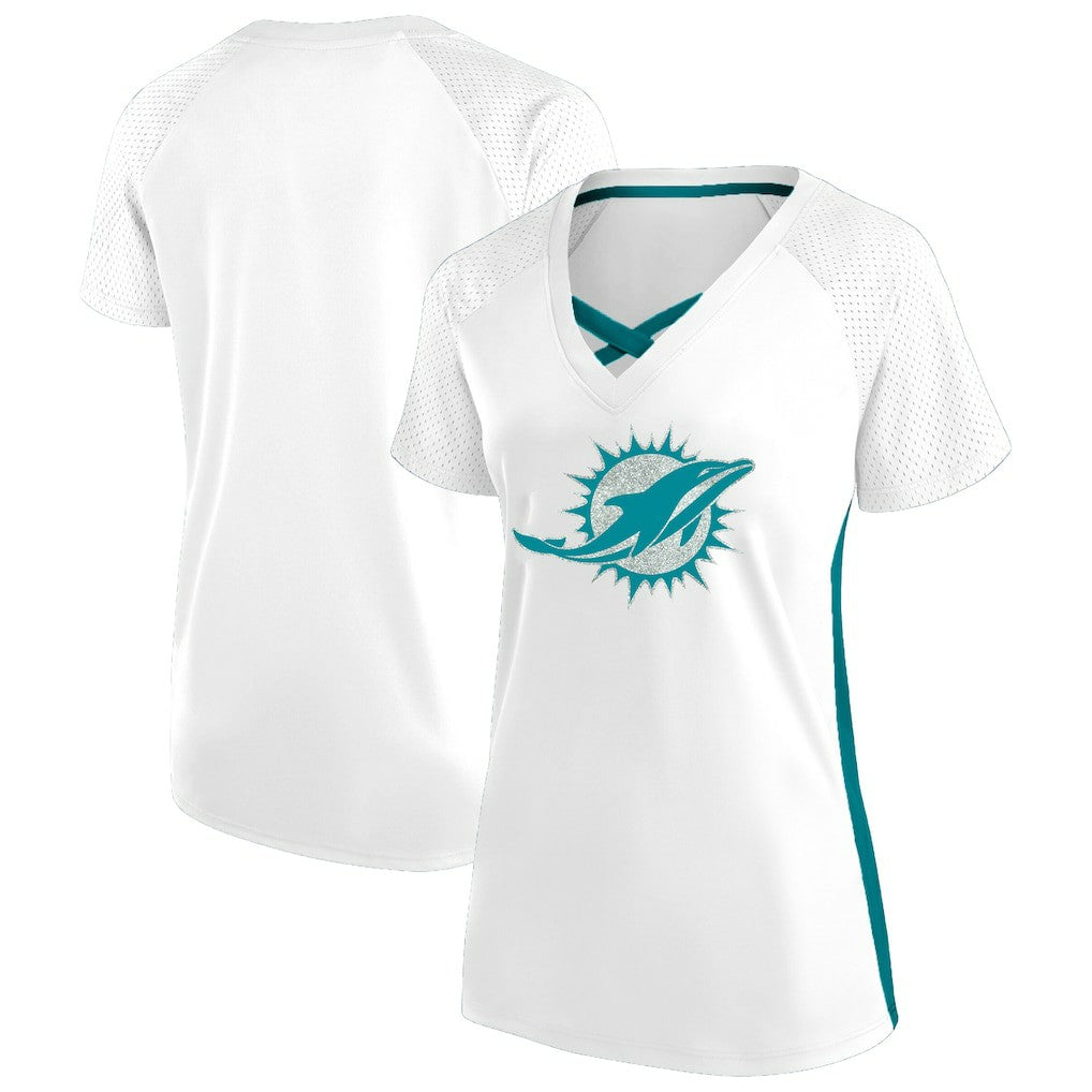 Miami Dolphins Women's Plus Size Glitter Lace-Up V- Neck T-Shirt - White - Fanatics