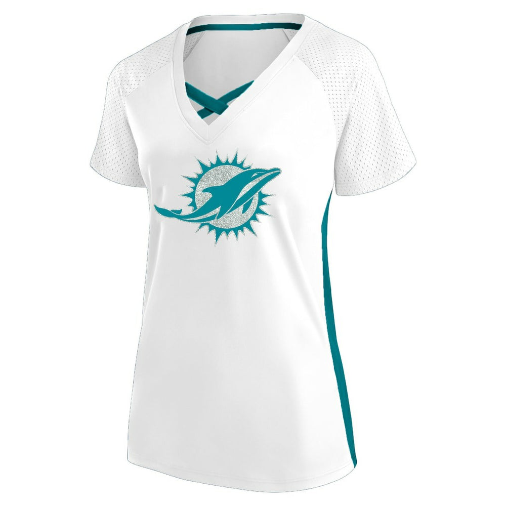 Miami Dolphins Women's Plus Size Glitter Lace-Up V- Neck T-Shirt - White - Fanatics