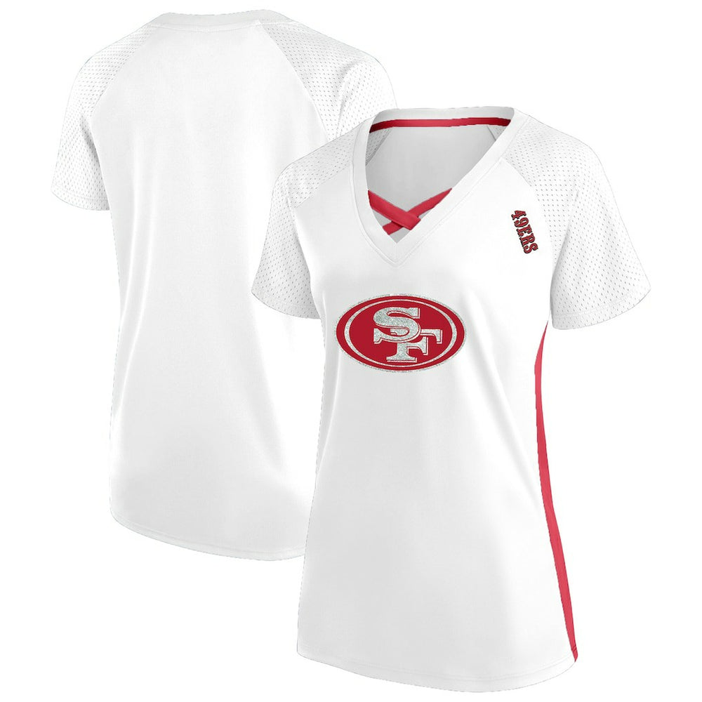 San Francisco 49ers Women's Plus Size Glitter Lace-Up V- Neck T-Shirt - White - Fanatics