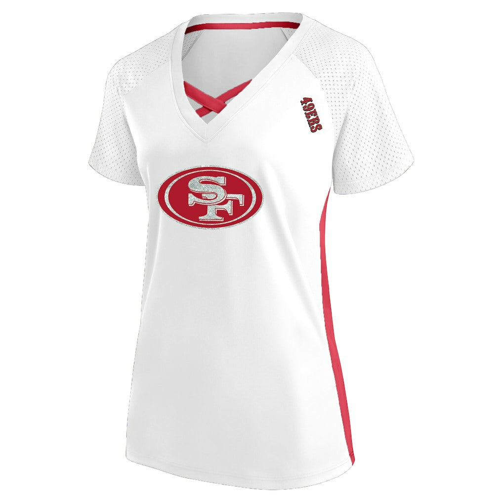 San Francisco 49ers Women's Plus Size Glitter Lace-Up V- Neck T-Shirt - White - Fanatics