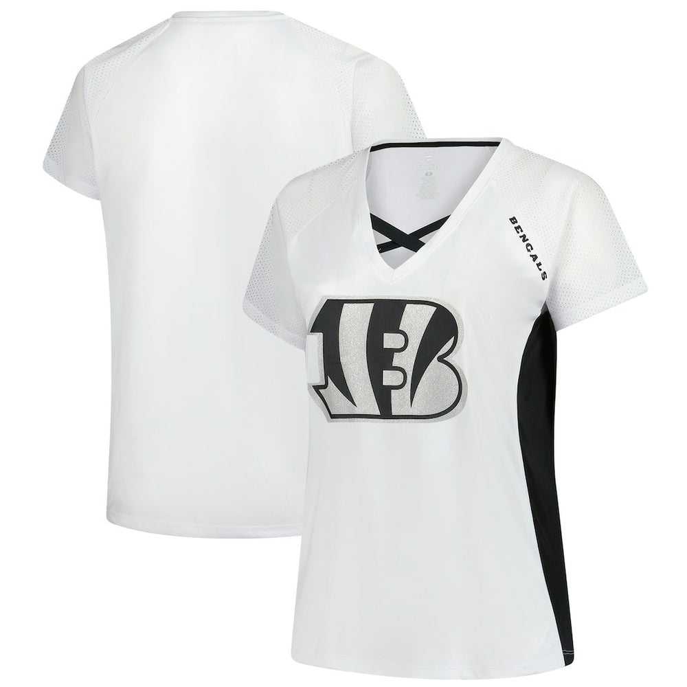 Cincinnati Bengals Women's Plus Size Glitter Lace-Up V- Neck T-Shirt - White - Fanatics