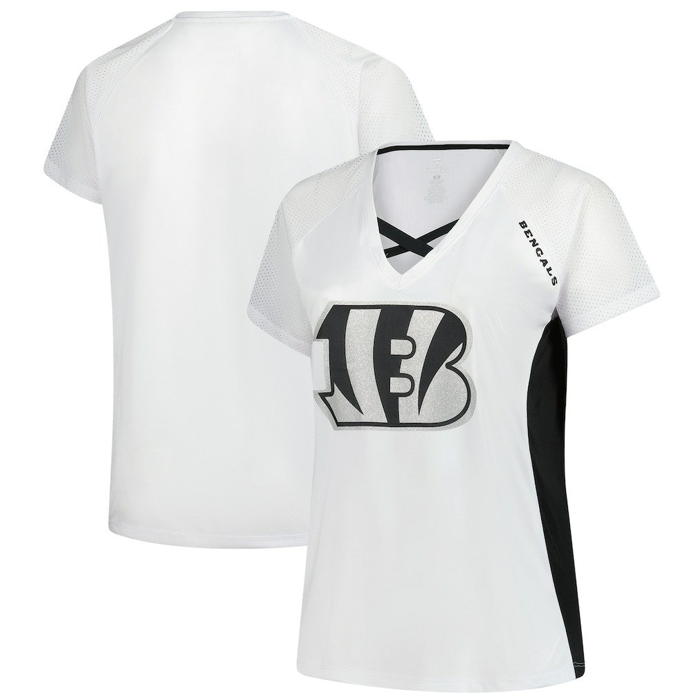 Cincinnati Bengals Women's Plus Size Glitter Lace-Up V- Neck T-Shirt - White - Fanatics