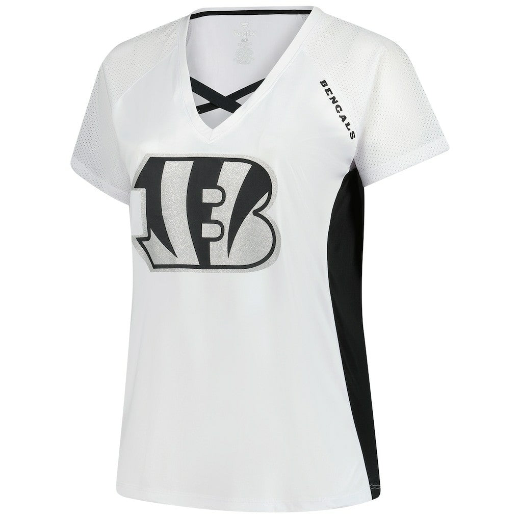 Cincinnati Bengals Women's Plus Size Glitter Lace-Up V- Neck T-Shirt - White - Fanatics