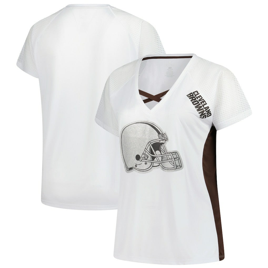 Cleveland Browns Women's Plus Size Glitter Lace-Up V- Neck T-Shirt - White - Fanatics
