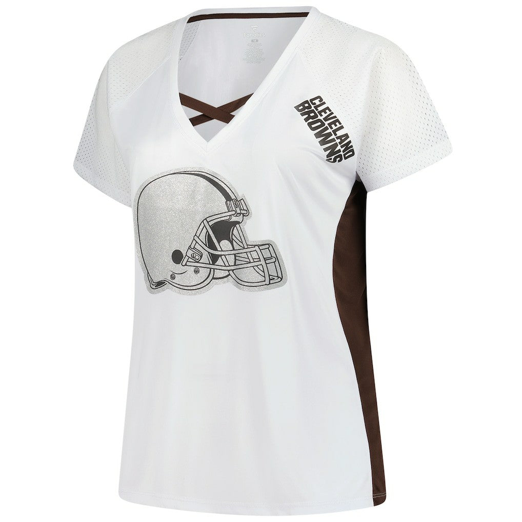 Cleveland Browns Women's Plus Size Glitter Lace-Up V- Neck T-Shirt - White - Fanatics