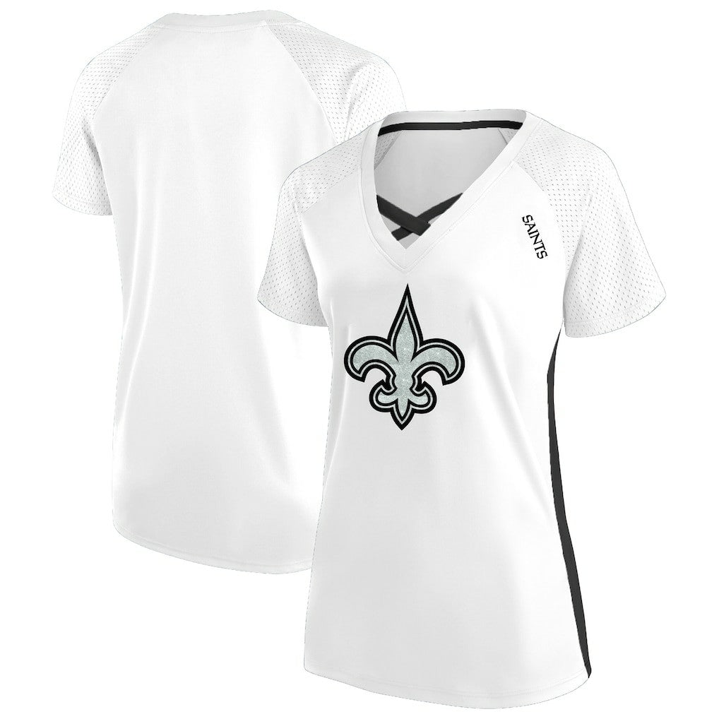 New Orleans Saints Women's Plus Size Glitter Lace-Up V- Neck T-Shirt - White - Fanatics