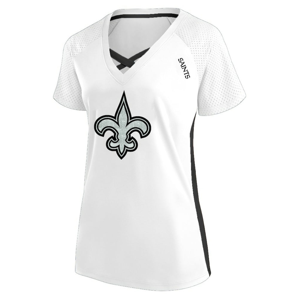 New Orleans Saints Women's Plus Size Glitter Lace-Up V- Neck T-Shirt - White - Fanatics
