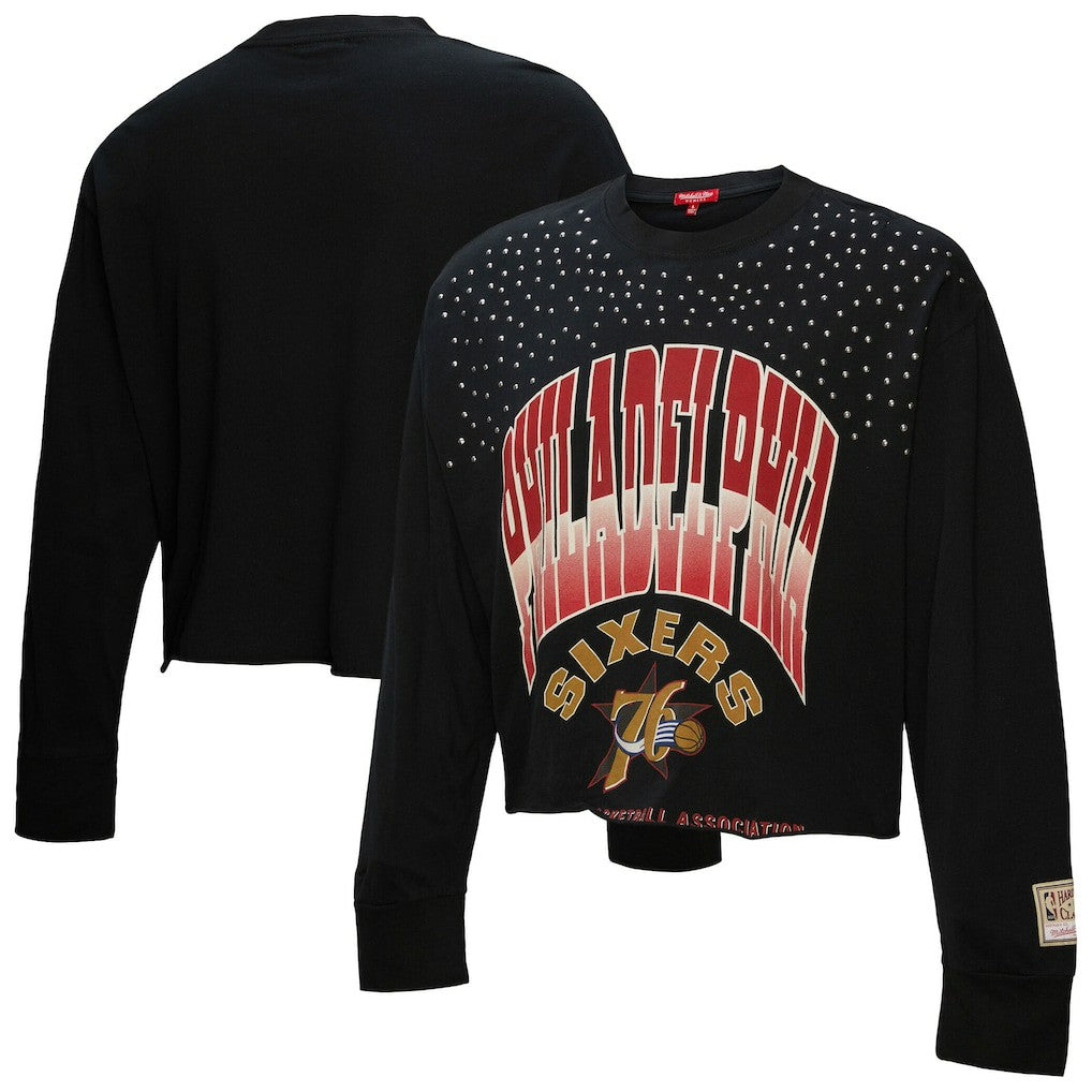 Mitchell & Ness Philadelphia 76ers Women's Hardwood Classics Studded Boxy Cropped Long Sleeve T-Shirt Black